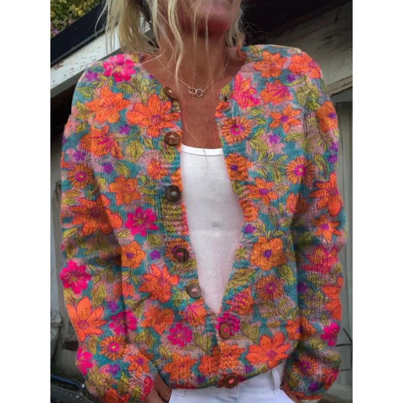 Yellow digital print cardigan coat with a 3D pattern, shown on a hanger