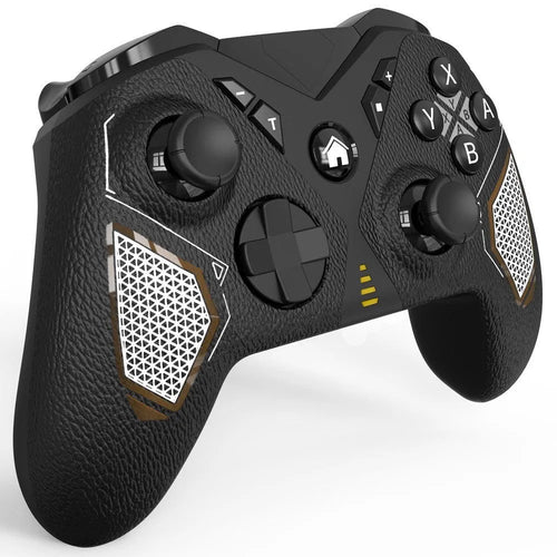 Black wireless Bluetooth gaming controller with leather-pattern texture on grips for Nintendo, PC and phone.
