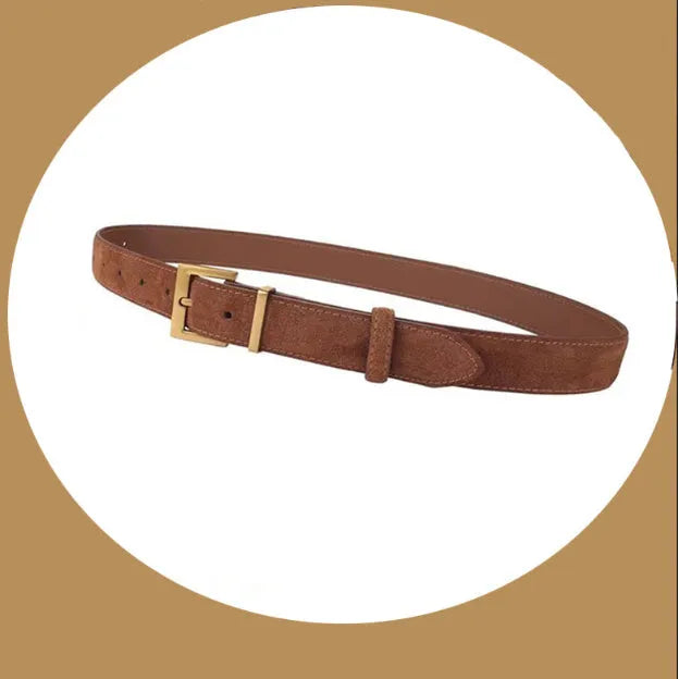 Women's genuine leather pin buckle belt showing quadrilateral alloy buckle and four colour options