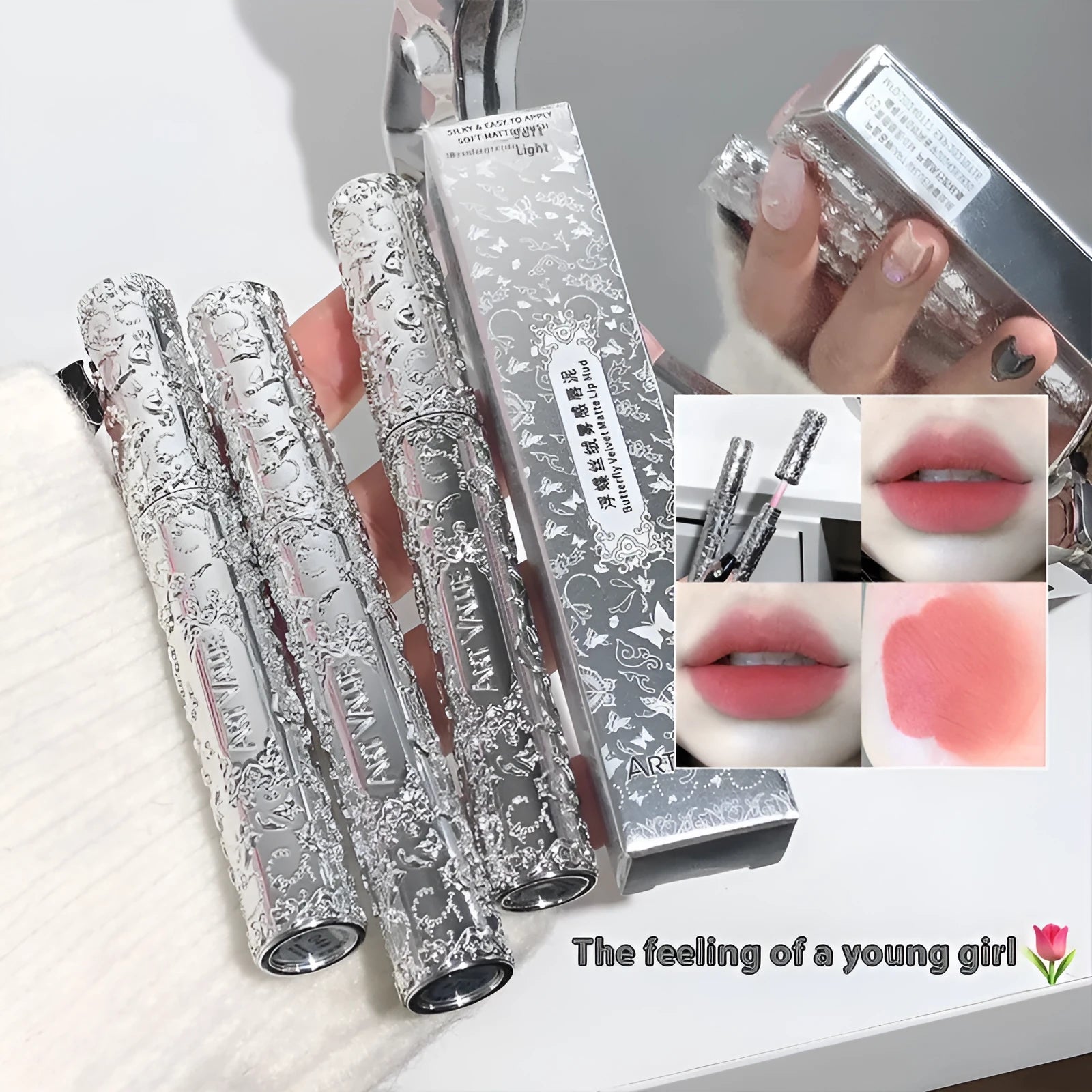 Velvet Mist Lip Mud Matte White Lipstick in six waterproof shades with complexion improvement properties