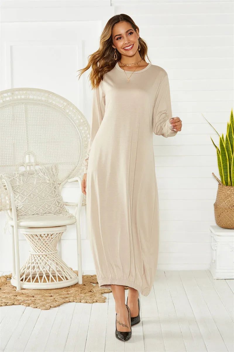 Women's black loose long lantern dress with lace-up crew neck, knitted polyester casual wear.