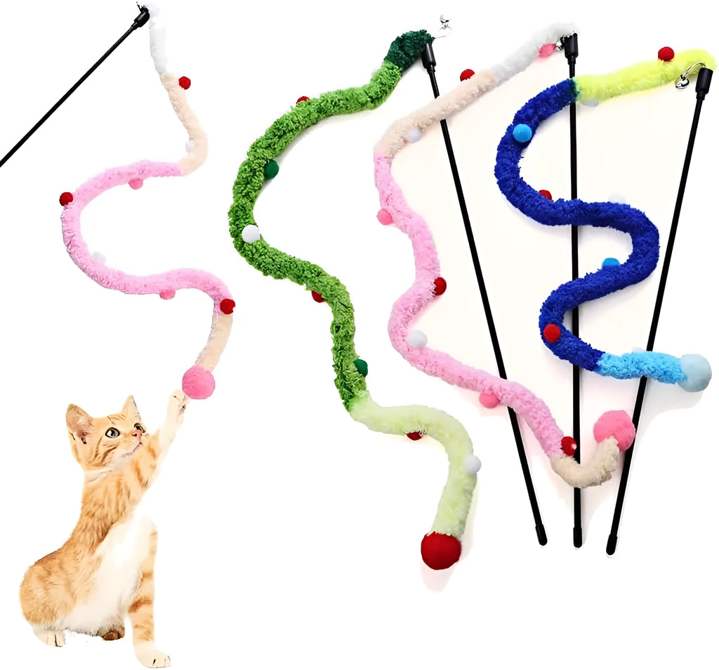 Blue green or pink cat wand toy with plush strip and bell for interactive indoor play