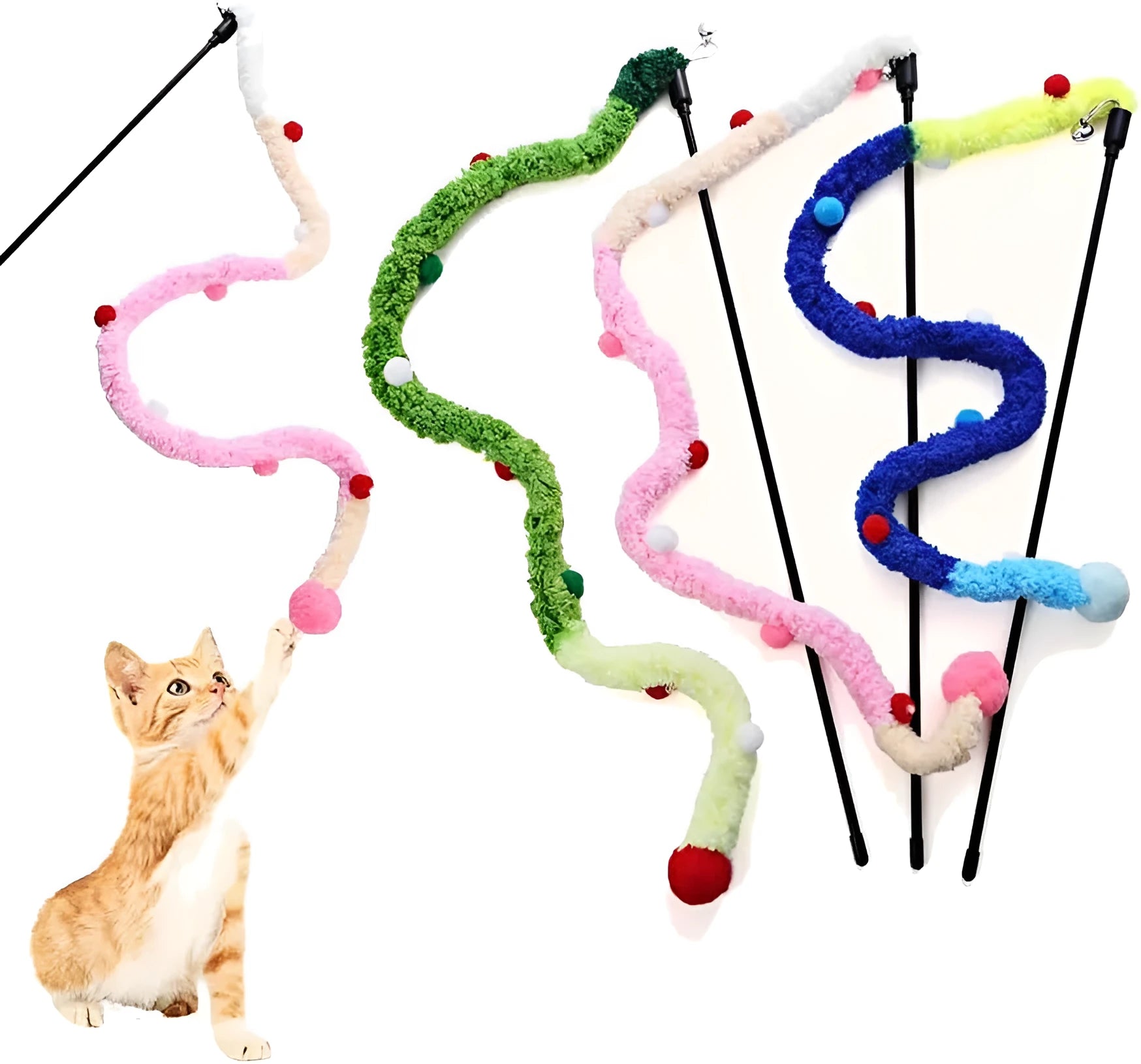Blue green or pink cat wand toy with plush strip and bell for interactive indoor play