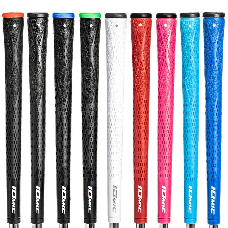 TPE golf club grip in assorted colours including pink, red, and black with blue head on a club shaft.