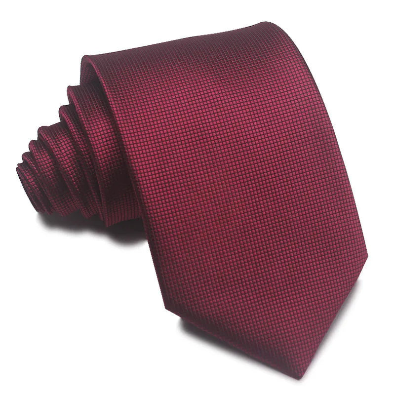 Men's striped jacquard business tie in red, showing arrow head shape and 8cm width.