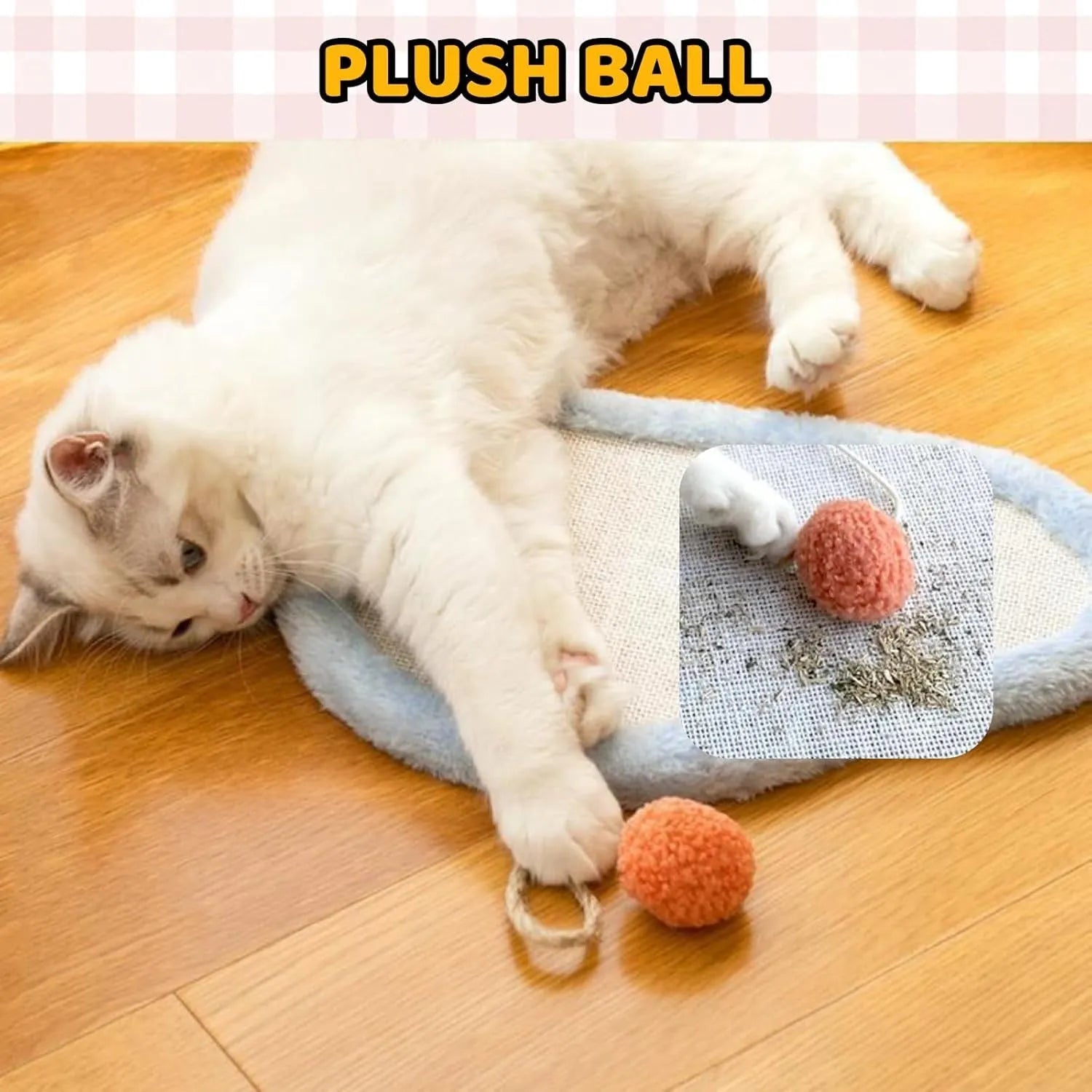 White cat scratching mat with cartoon sleeping cat design made from natural sisal fibre.