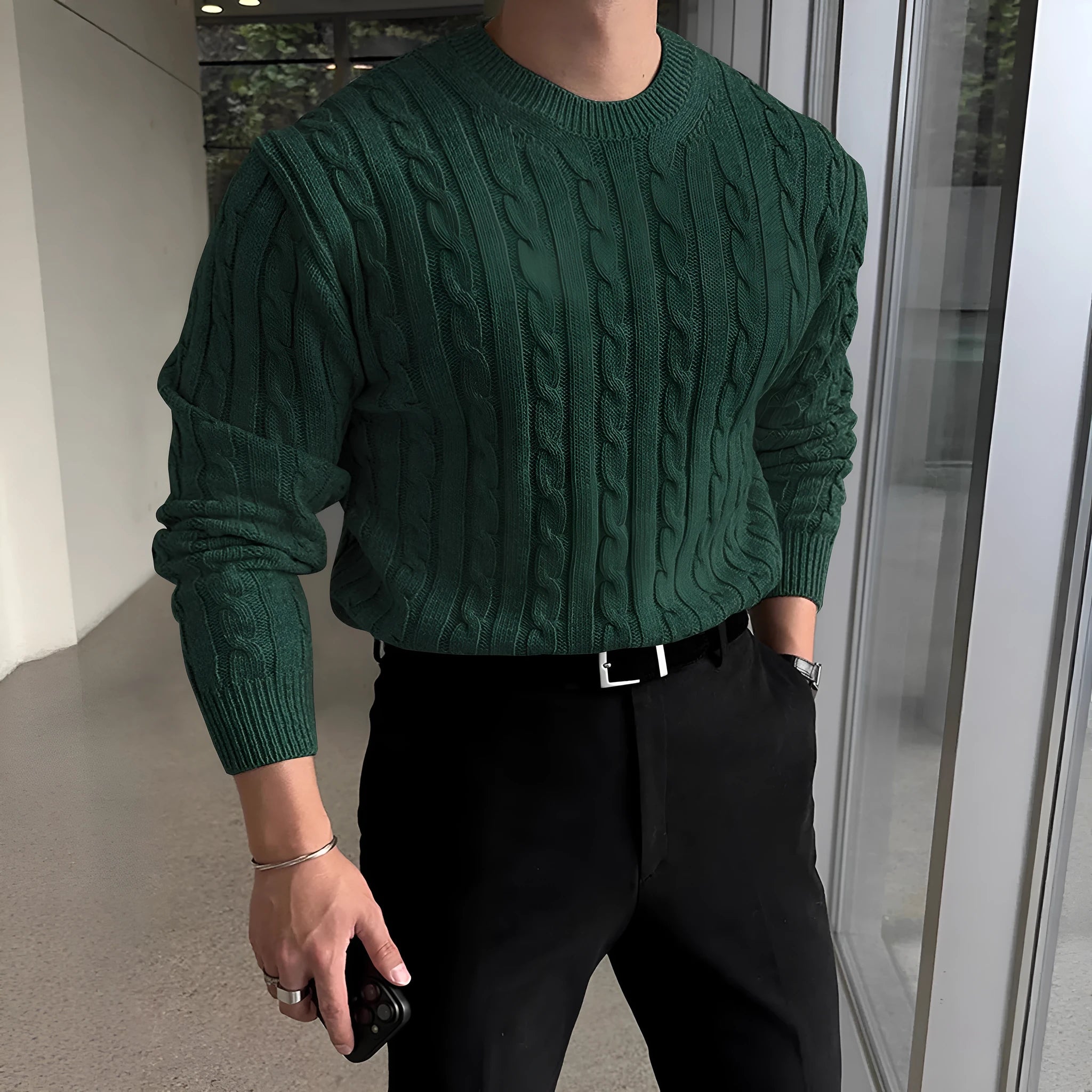 Thick knit turtleneck sweater for men in light gray, autumn winter casual pullover style