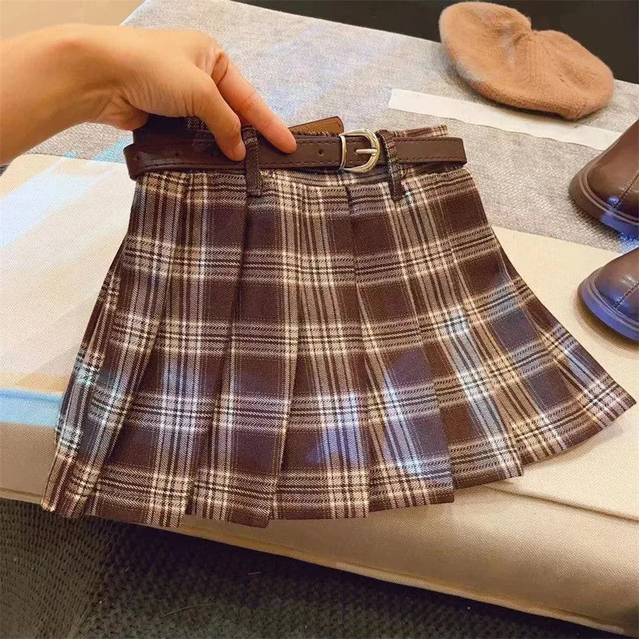 Girls plaid pleated A-line skirt in cotton blend fabric for spring and autumn casual wear