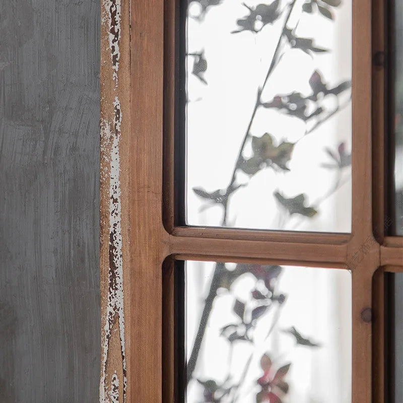 Terrace distressed fake window wall mirror with log colour wooden glass frame and clear mirror panel