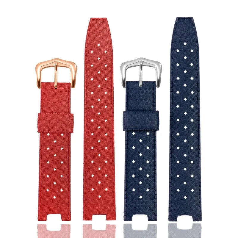 Silicone watch strap with notch and female port in black or blue, sizes 20.10mm, 20.12mm, 22.15mm
