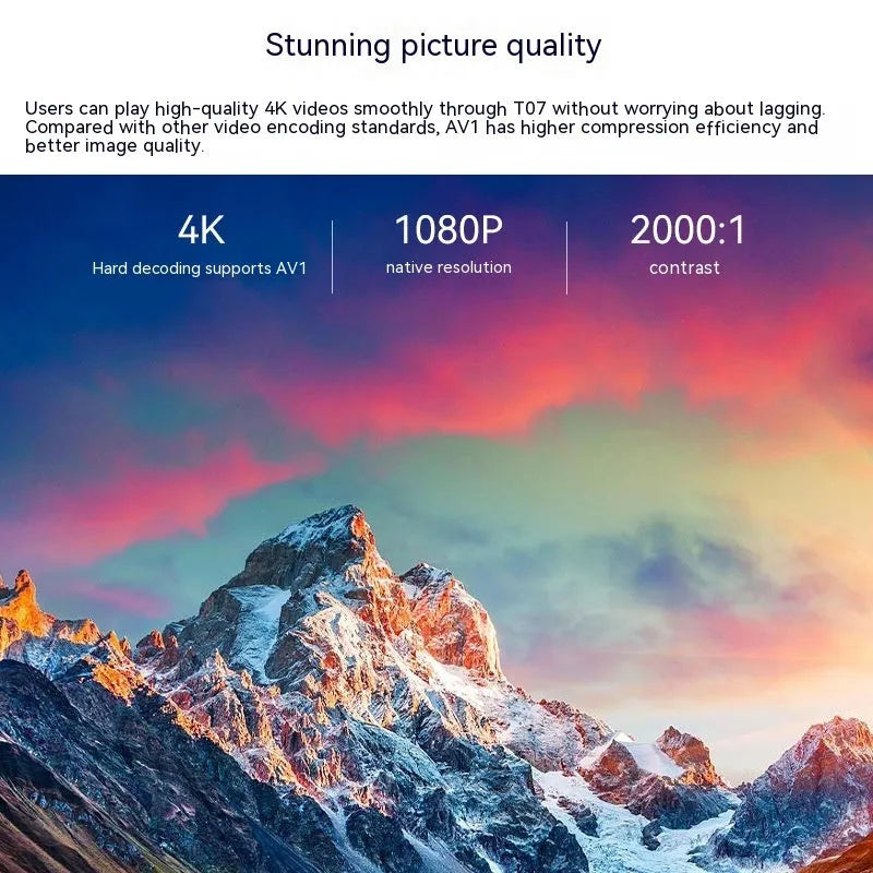 White Full HD smart projector with remote control showing 1080p resolution and Android system