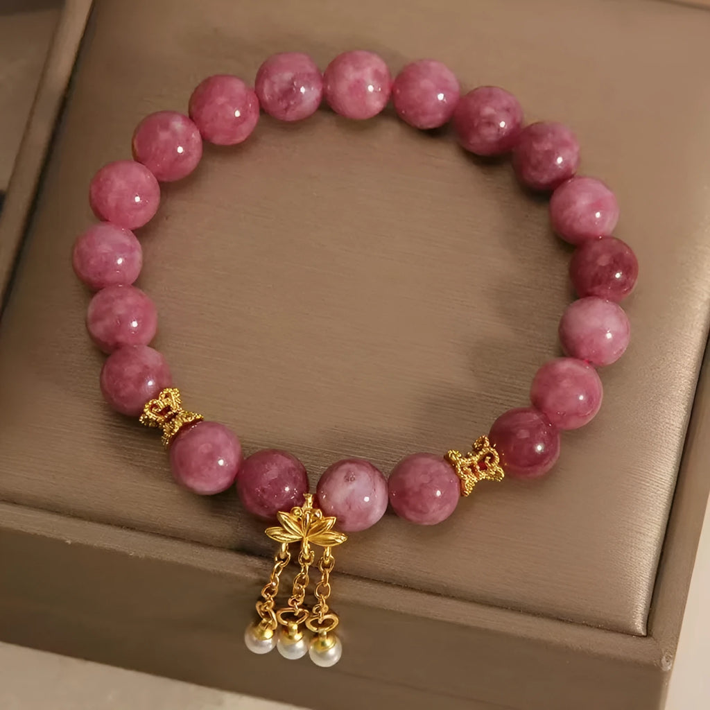 Natural stone bracelet with lotus flower tassel and pearl pendant in pink lotus and crystal beads