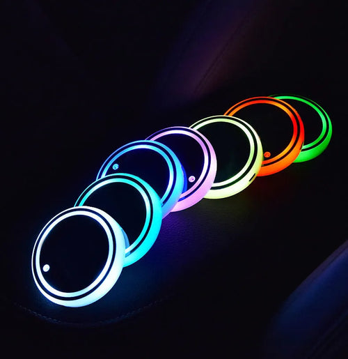 Car cup holder LED light-up coaster showing 7-colour illumination in automotive drink holder