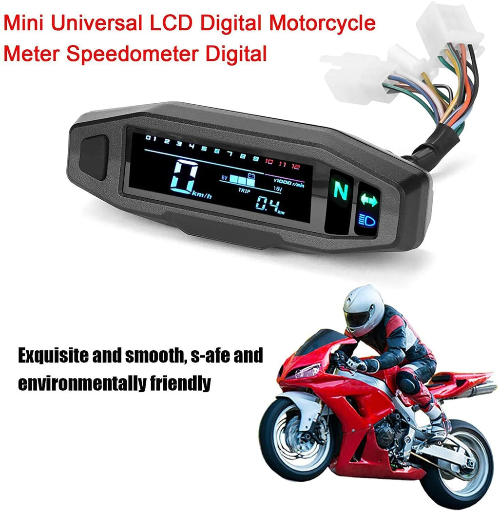 Black motorcycle LCD speedometer with oil gauge, tachometer, and odometer on a 103x25mm screen.