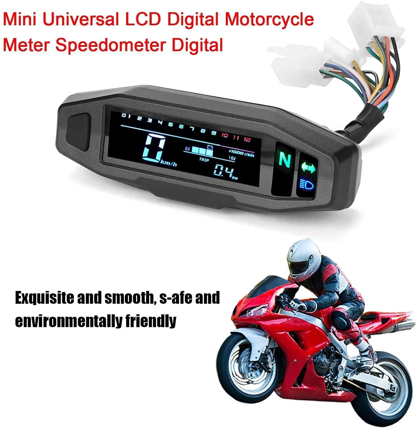 Black motorcycle LCD speedometer with oil gauge, tachometer, and odometer on a 103x25mm screen.