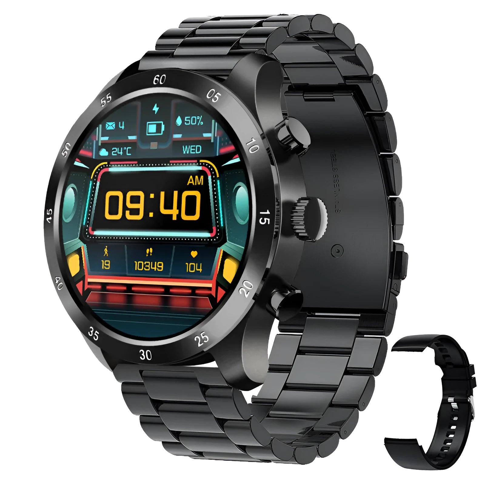 Black Bluetooth smart watch with touch screen displaying heart rate, on a grey silicone strap.