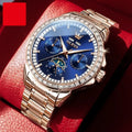 Men's diamond-embedded automatic mechanical watch with stainless steel strap and transparent case back