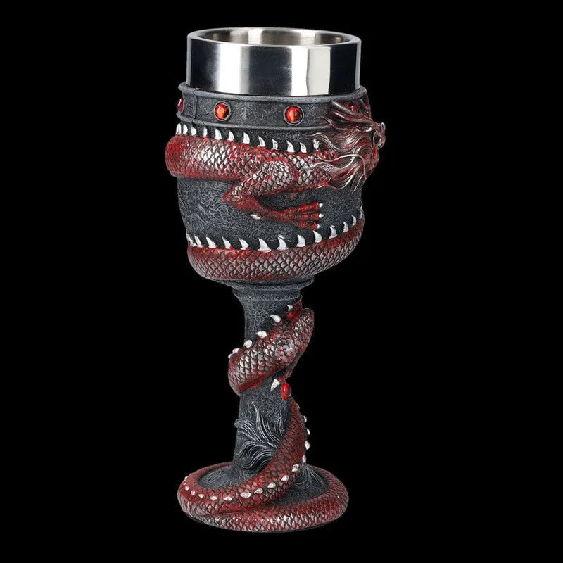Stainless steel wine glass with Chinese dragon design in gold or red colour, 200ml capacity