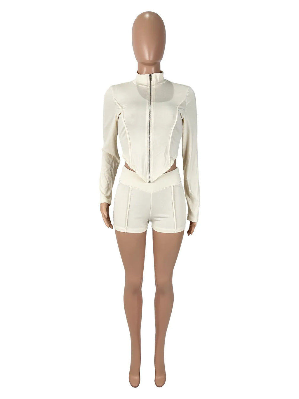 Women's solid colour apricot polyester lapel long sleeve top and shorts suit set on model