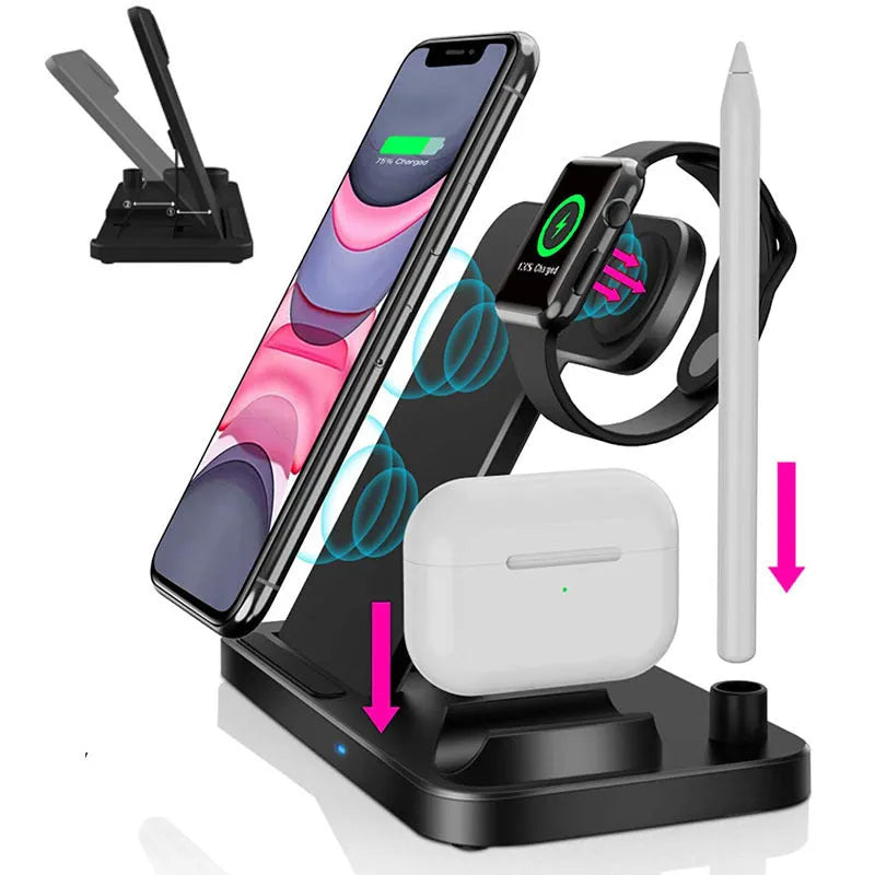 Black foldable 4-in-1 wireless charging stand showing iPhone charging vertically and Apple Pencil on its charging spot.