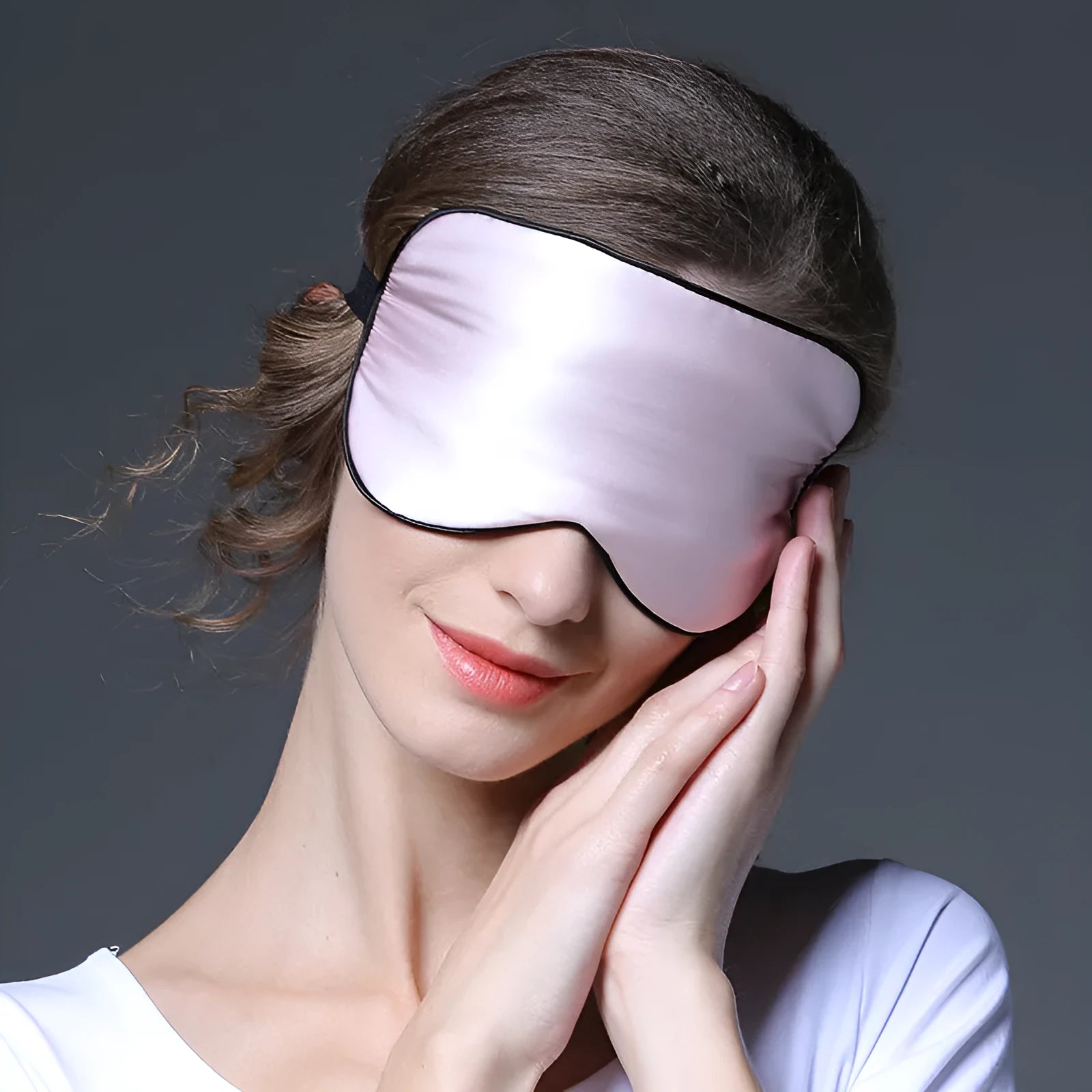 Double-sided mulberry silk sleep mask in various colours showing embroidered and printed designs.
