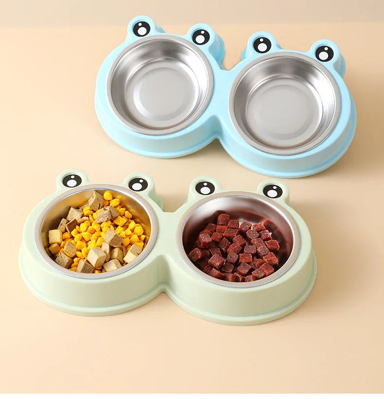 Stainless steel pet double bowl for food and water in blue, green, and pink colour options.
