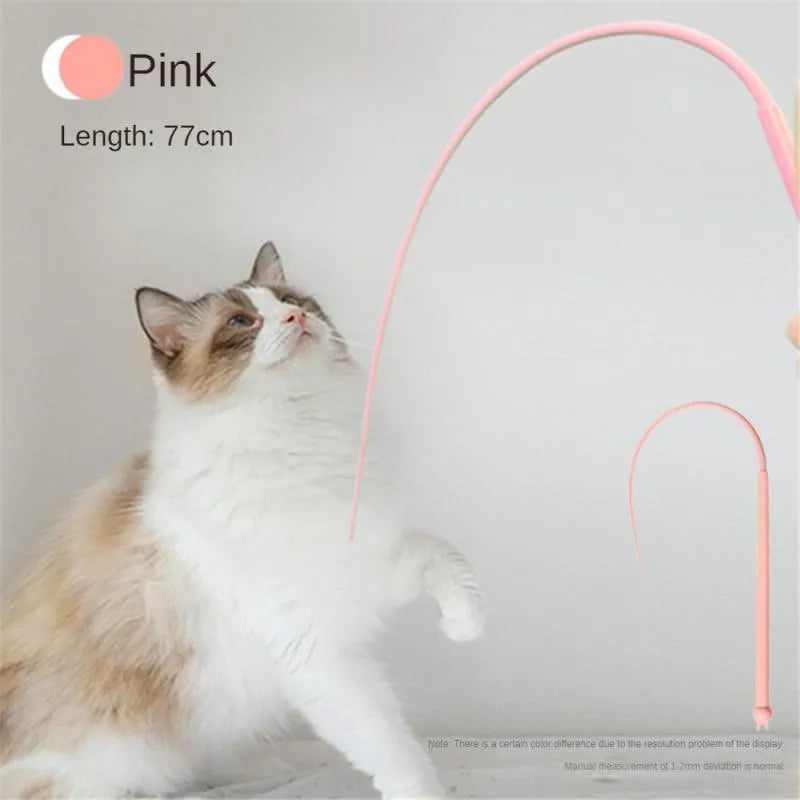Blue cat teaser wand with silicone mouse tail measuring 80cm length with cat head handle design