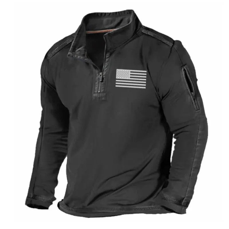 Men's black zip-front long-sleeved sweater with a stand collar on a hanger.