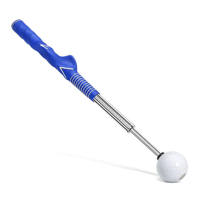 Telescopic stainless steel golf swing simulator with trainer, shown in black, blue, and red colour options.
