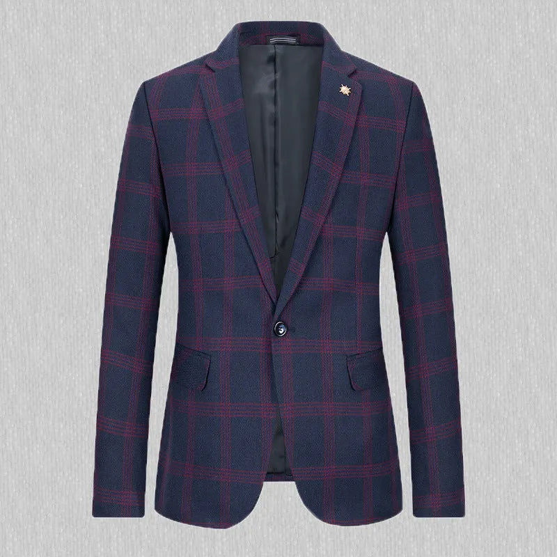Men's slim fit casual suit coat in navy blue on a hanger, front view with two buttons and notch lapels
