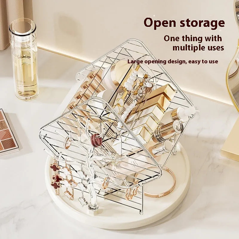 Transparent plastic rotating cosmetics storage box in clear and amber gold colour on a vanity table.