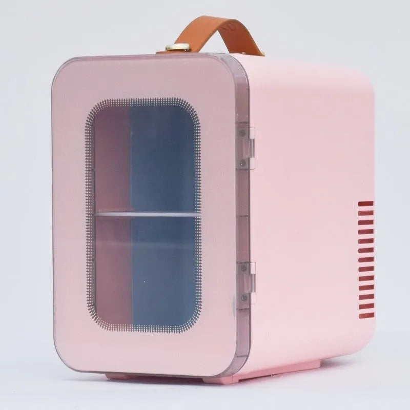 Beauty mini refrigerator with transparent door in pink colour showing dual hot cold functions