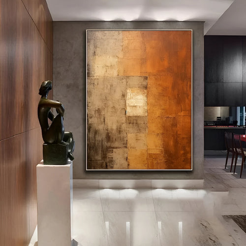 Orange and brown abstract hand-painted oil painting on canvas, vertical orientation, no frame, suitable for living room wall decor