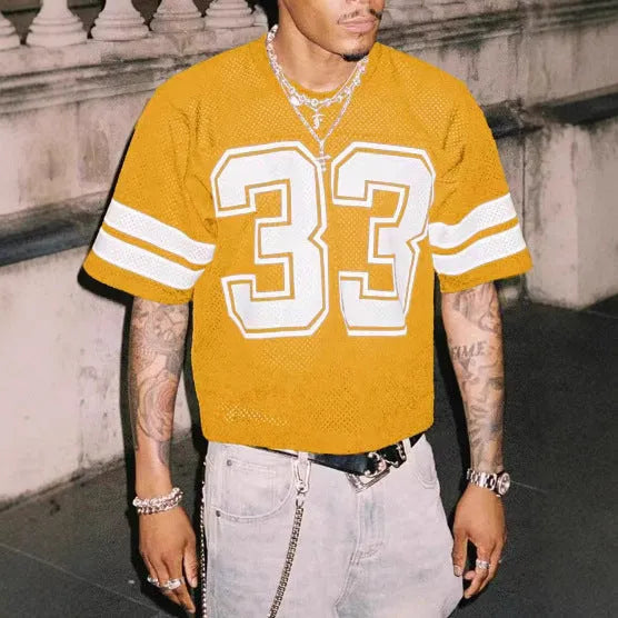 Men's short sleeve mesh sports jersey T-shirt, round neck, loose straight fit, thin polyester bird eye cloth, cartoon pattern