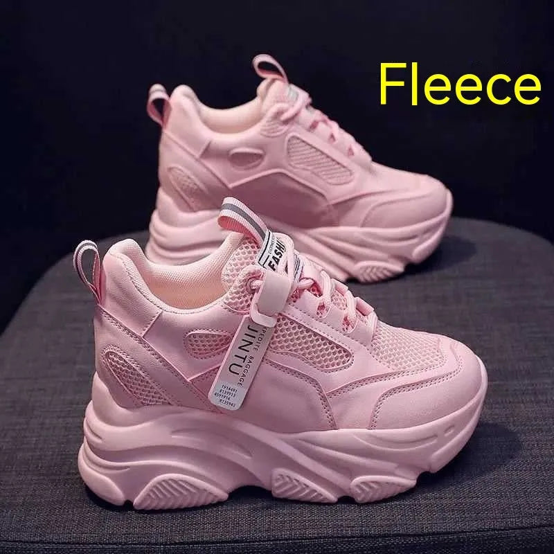 Women's black mesh platform casual shoes with hollow-out design and toe holder on a TPR sole.