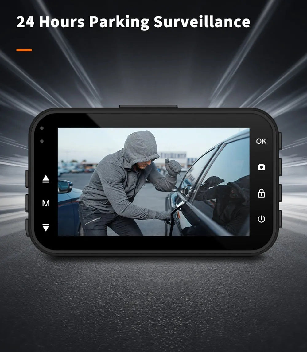 ThiEYE front and rear dash cam with 3-inch screen showing dual camera view and mounting accessories