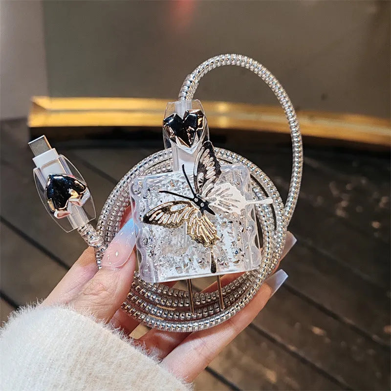 Three-dimensional butterfly USB cable protection sleeve for Apple 20W charger with silver foil square sleeve and electroplated rope detailing