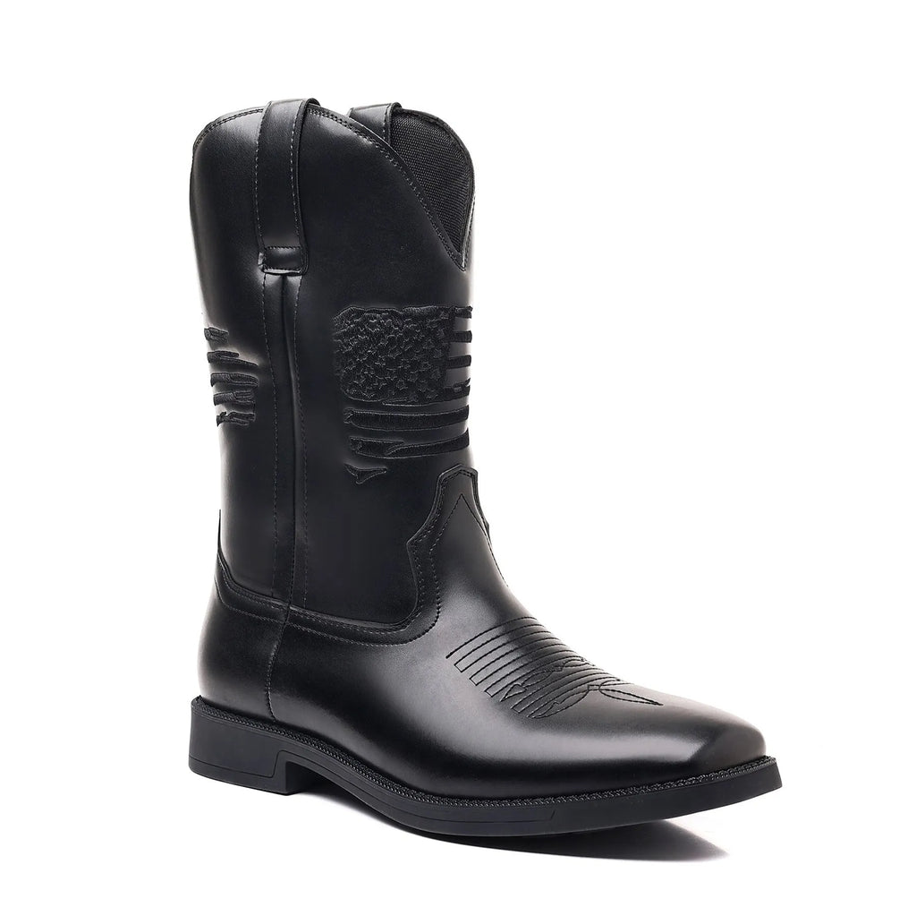Men's brown retro cowboy boot with embroidered wide head and printed leather texture.
