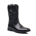 Men's brown retro cowboy boot with embroidered wide head and printed leather texture.