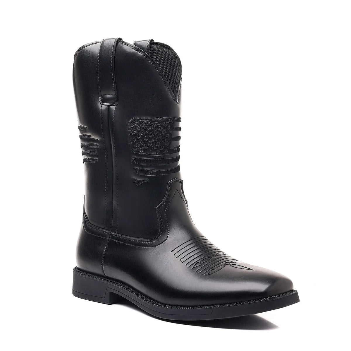Men's brown retro cowboy boot with embroidered wide head and printed leather texture.