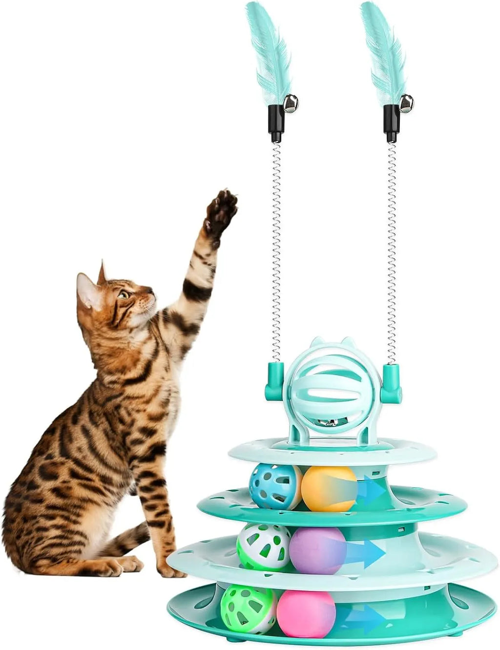Blue four-tier rotating cat carousel toy with six coloured balls, a top bell, and two teasing rods on a non-slip base.