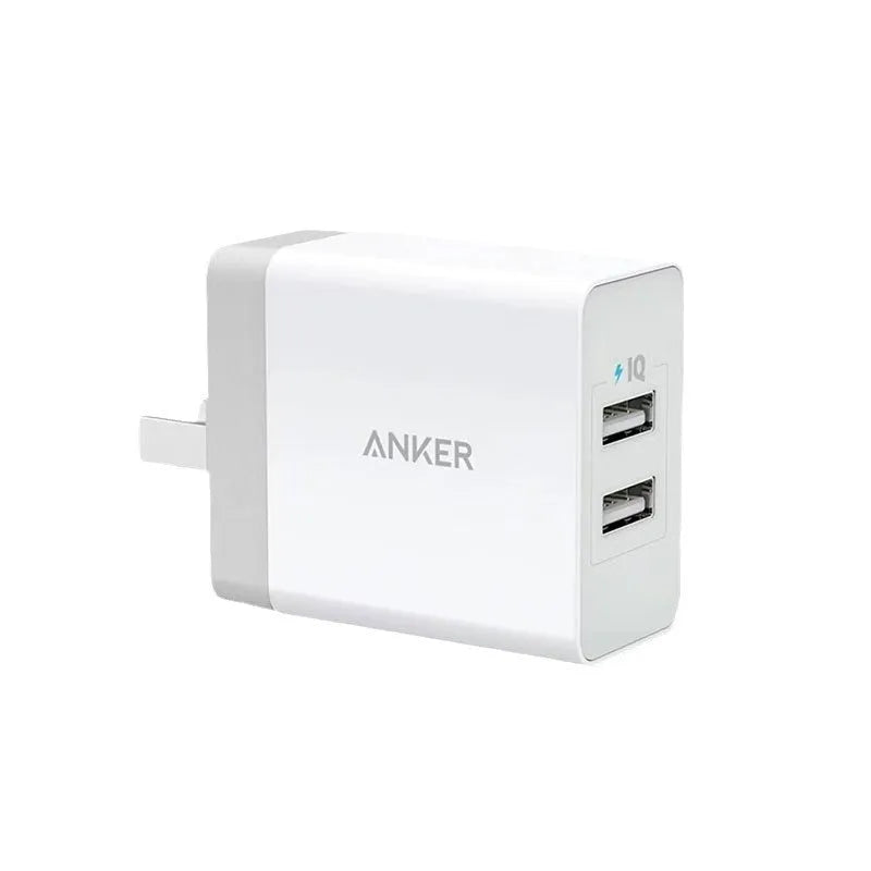 White dual-port USB charger with UK plug, 12W output, 2.4A per port, PD protocol support