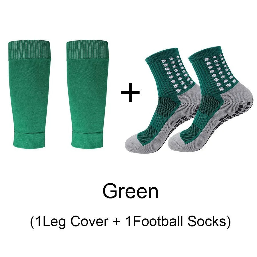 Sports soccer socks with knee pads, glue dispensing non-slip, mid-calf length, polyester blend, solid colour, for men and women