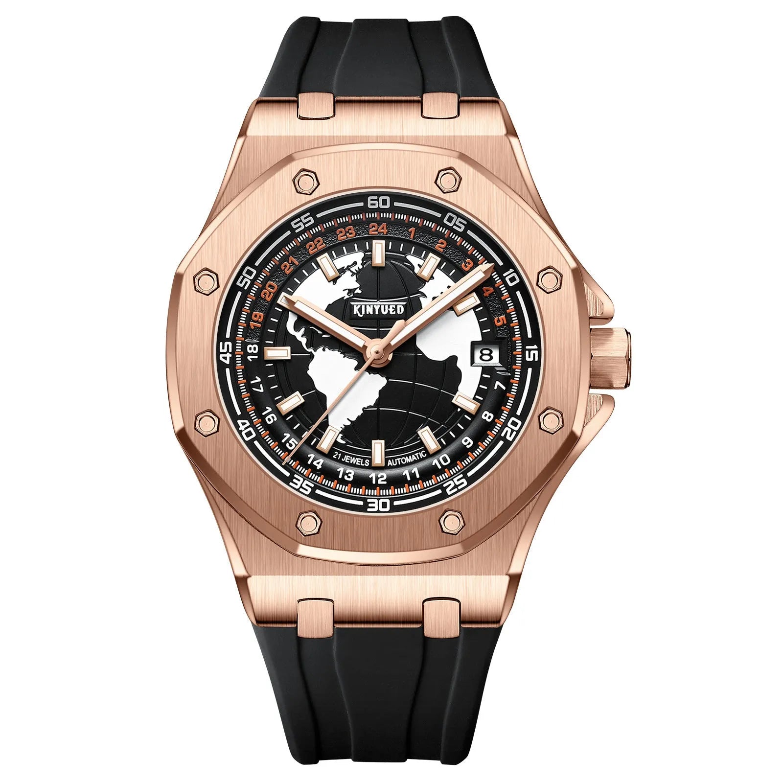 Automatic men's hollow mechanical watch with stainless steel strap and round alloy case on a white background