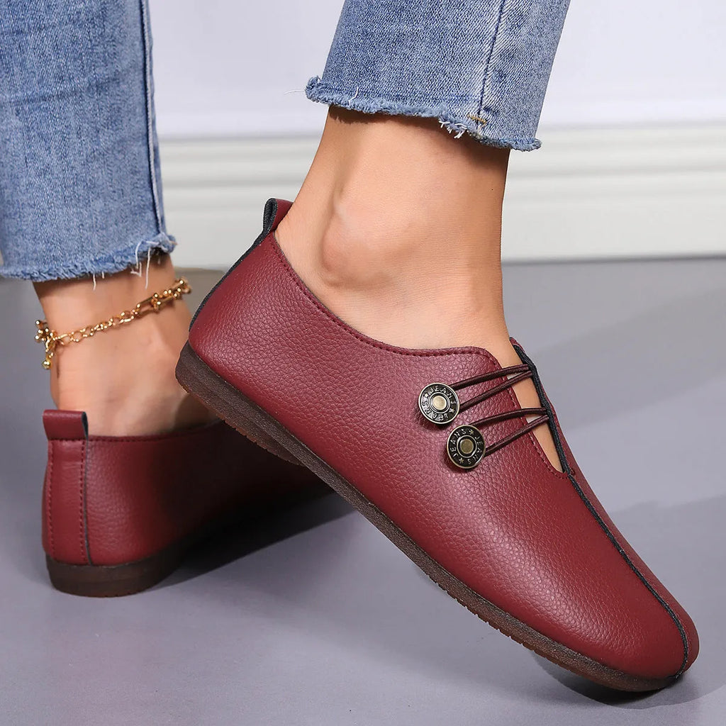 Women's casual square toe flats slip-on button loafers in beige, black, wine red, sizes 36-43