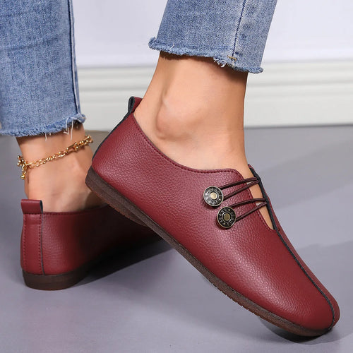 Women's casual square toe flats slip-on button loafers in beige, black, wine red, sizes 36-43