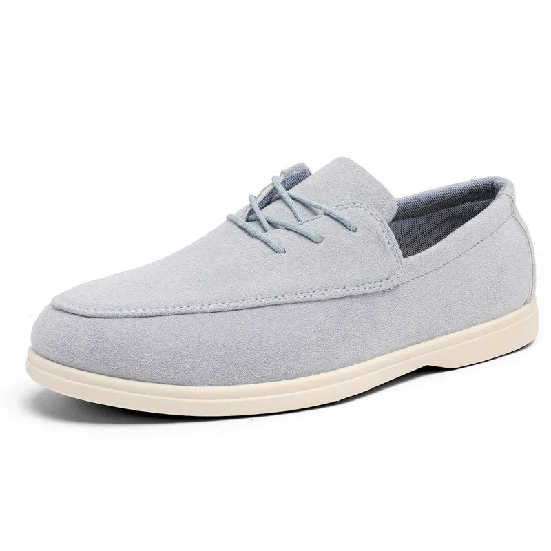 Men's suede slip-on loafers with elastic band, mesh lining, rubber vulcanized sole, low flat heel, solid colour, sizes 39-45