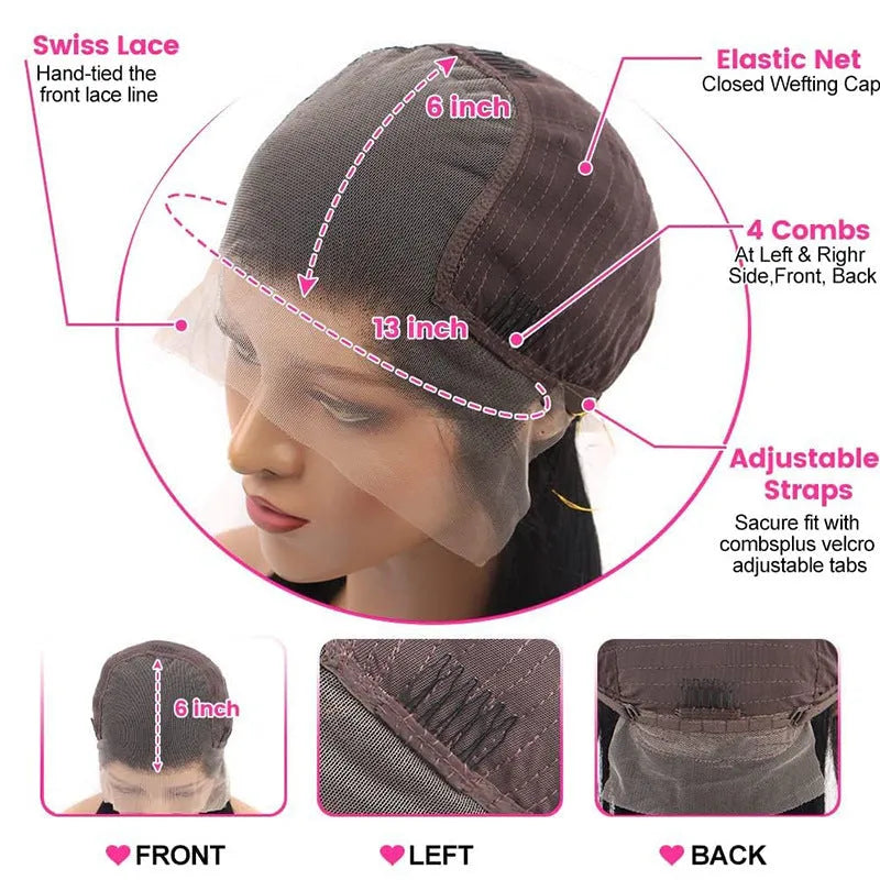 13x6 straight lace front human hair wig in black colour displayed at various lengths