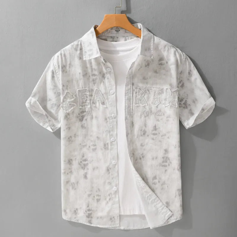 Men's gray white pure cotton summer cardigan with hanging dyed printing and short sleeves