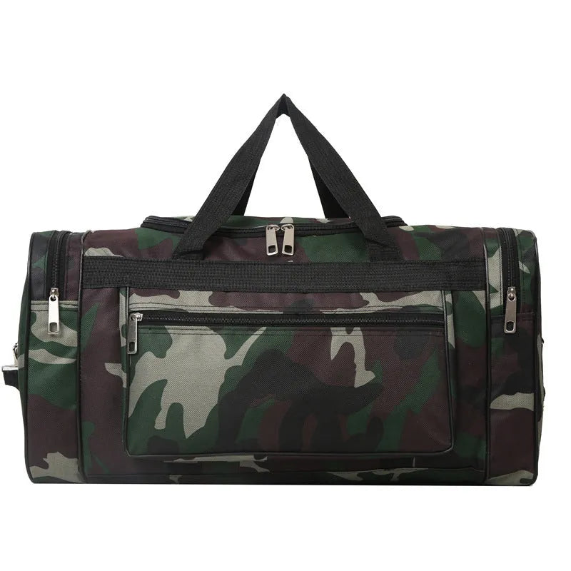 Camouflage coloured waterproof fabric luggage bag with stripe pattern lining.